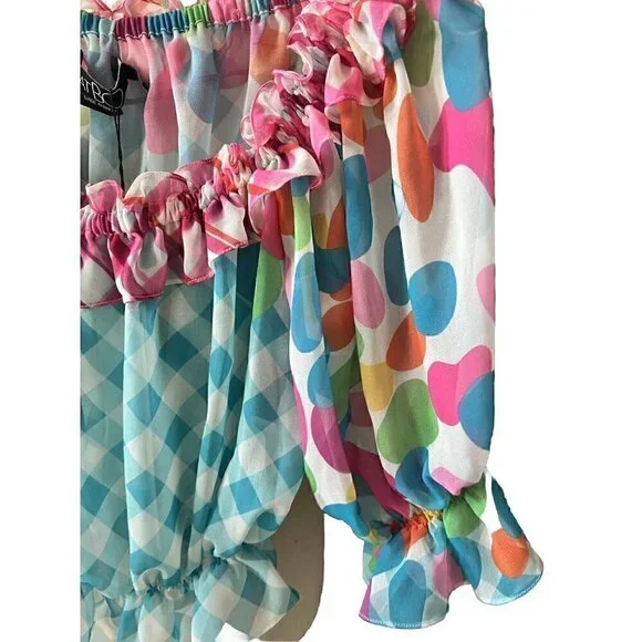 PATBO Antibes Off-The-Shoulder Top Plaid/Circle Combo Women's Size XS NWT - Picture 3 of 6